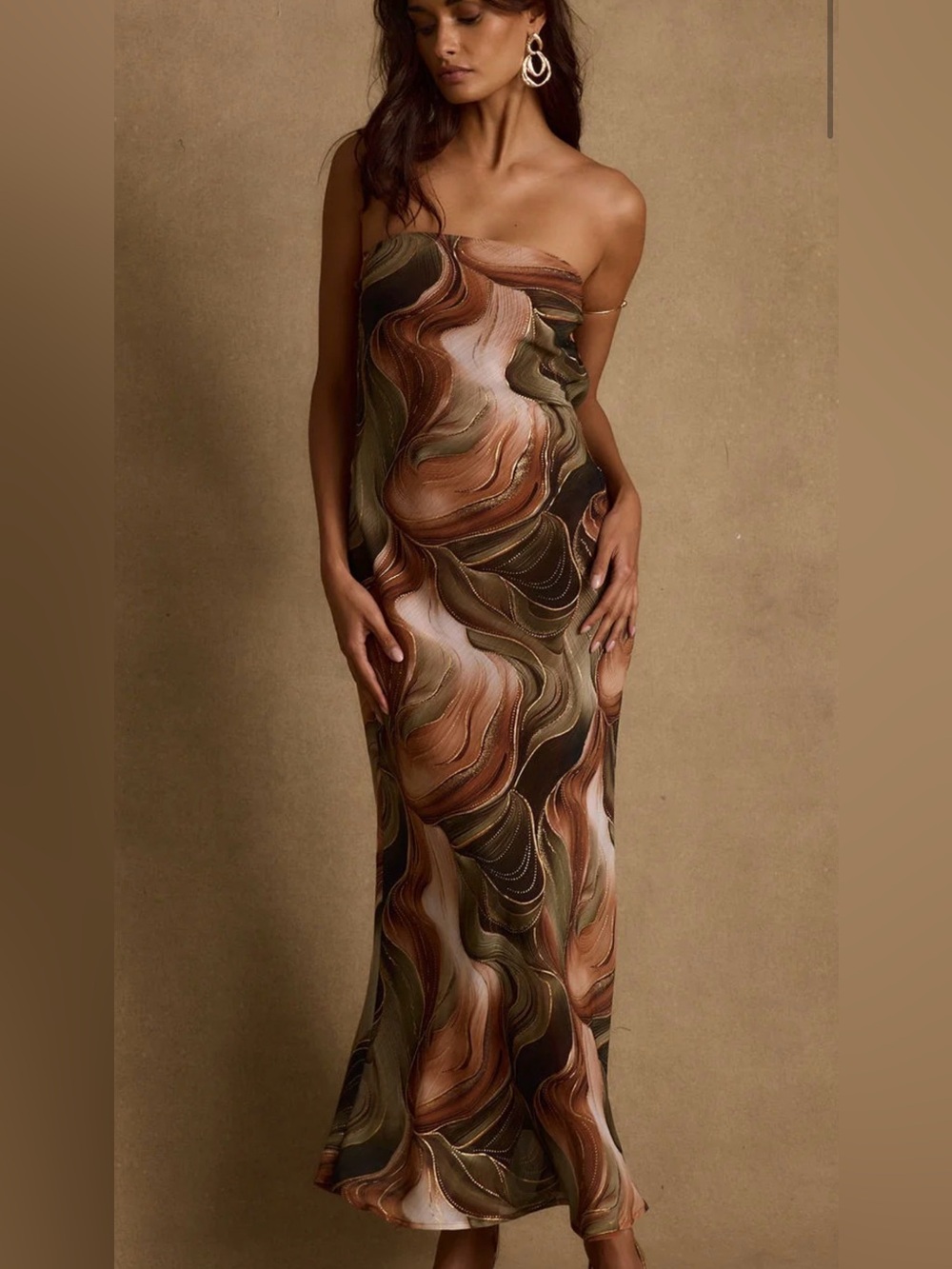 Natalia Olive and Rust Abstract Strapless Maxi Dress